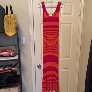 Calvin Klein Red and Orange Striped Maxi Dress